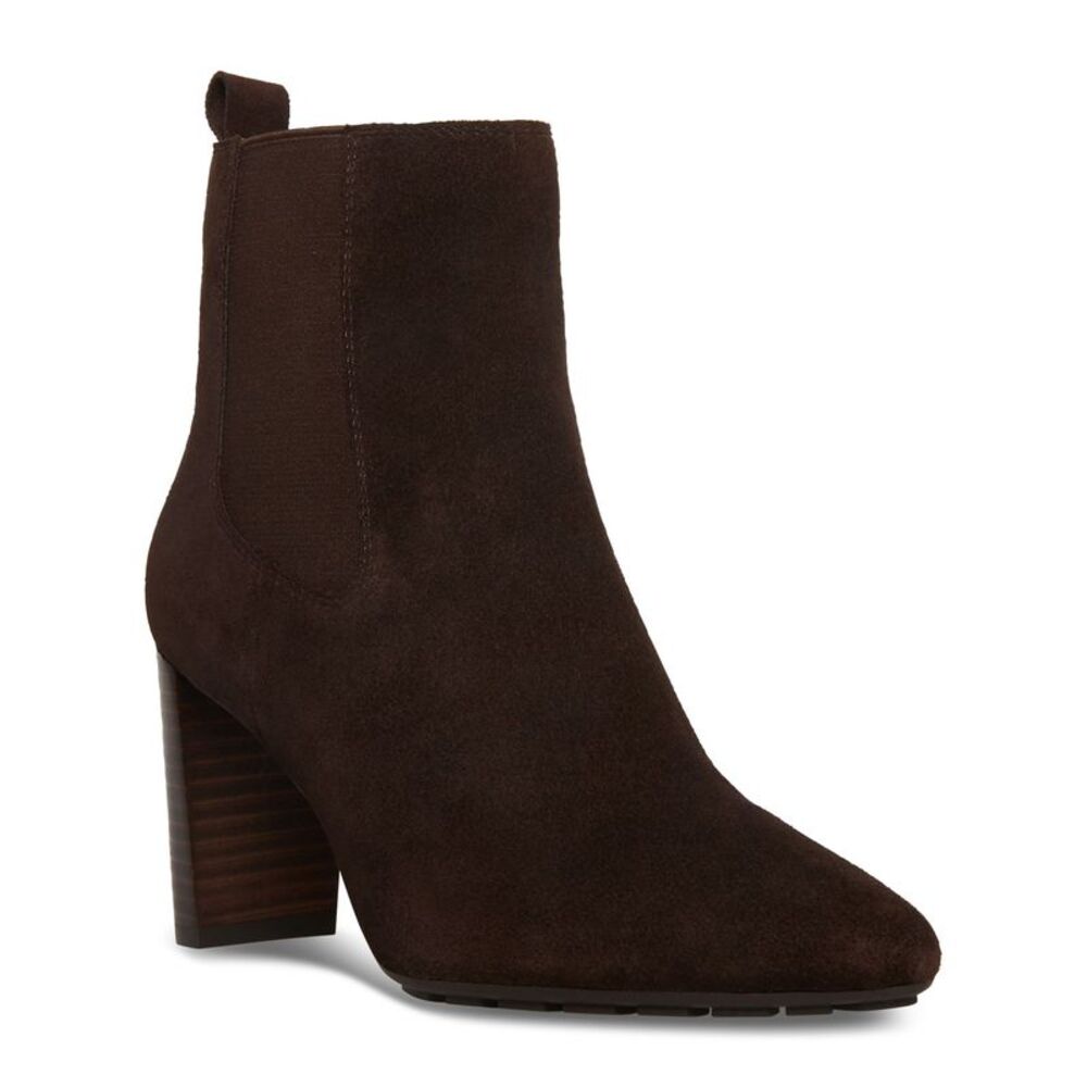 AQUA COLLEGE Womens Brown Back Pull-Tab Katlyn Stacked Heel Suede Chelsea 7.5 M